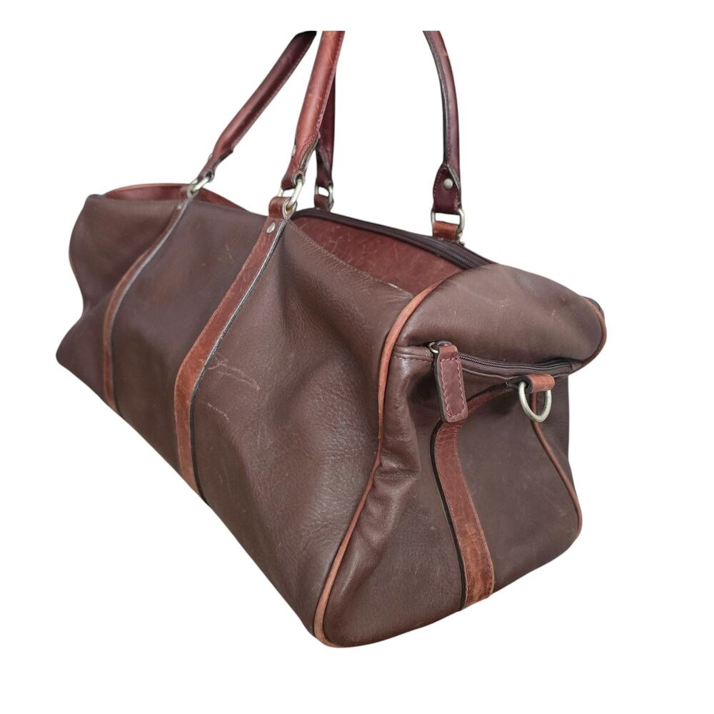 M London Mens Tote Duffel Bag Brown Leather Travel Gym Weekender Carry On Preppy - Picture 2 of 14